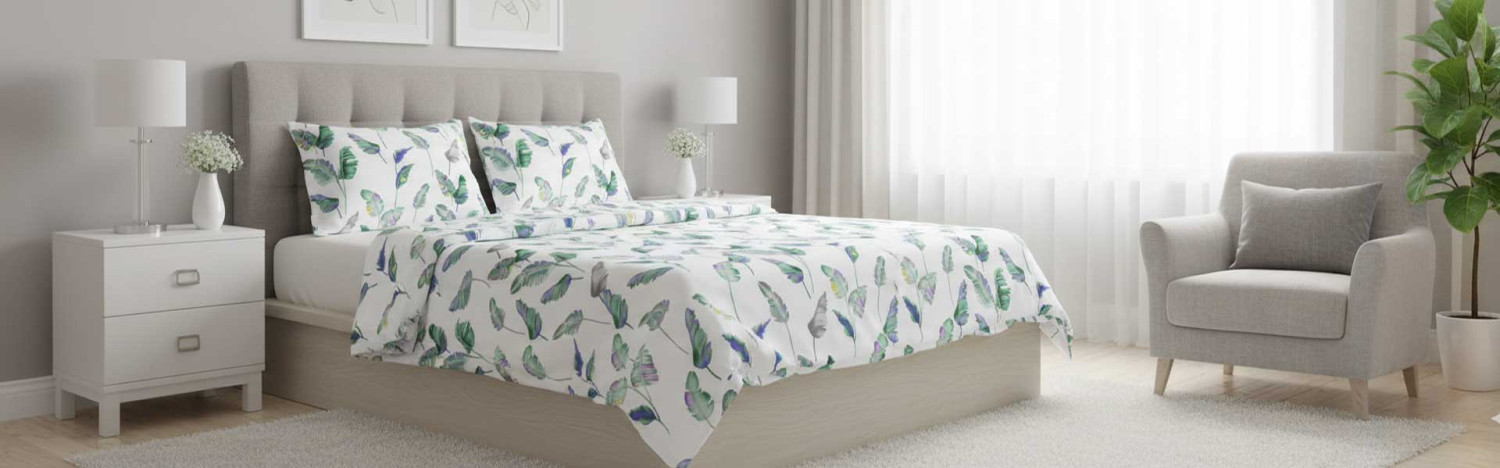 Bettgarnitur Duvet Satin Blau mit mehrfarbige Blatter