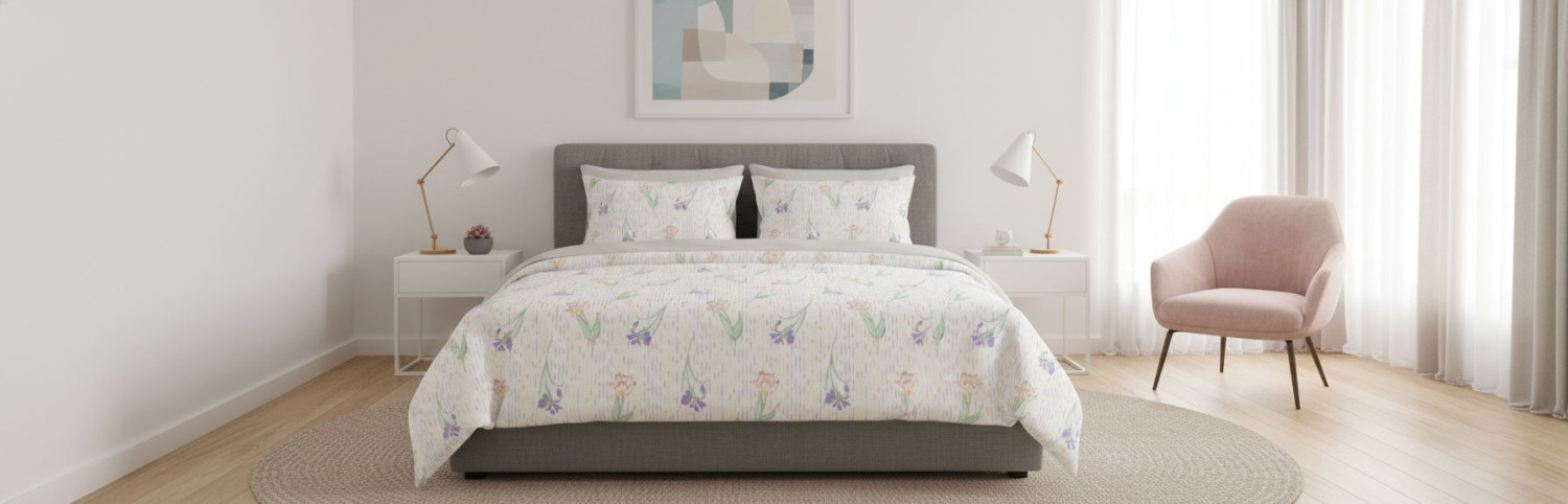 Bettgarnitur Duvet Satin Blau mit helle Farbe Blume