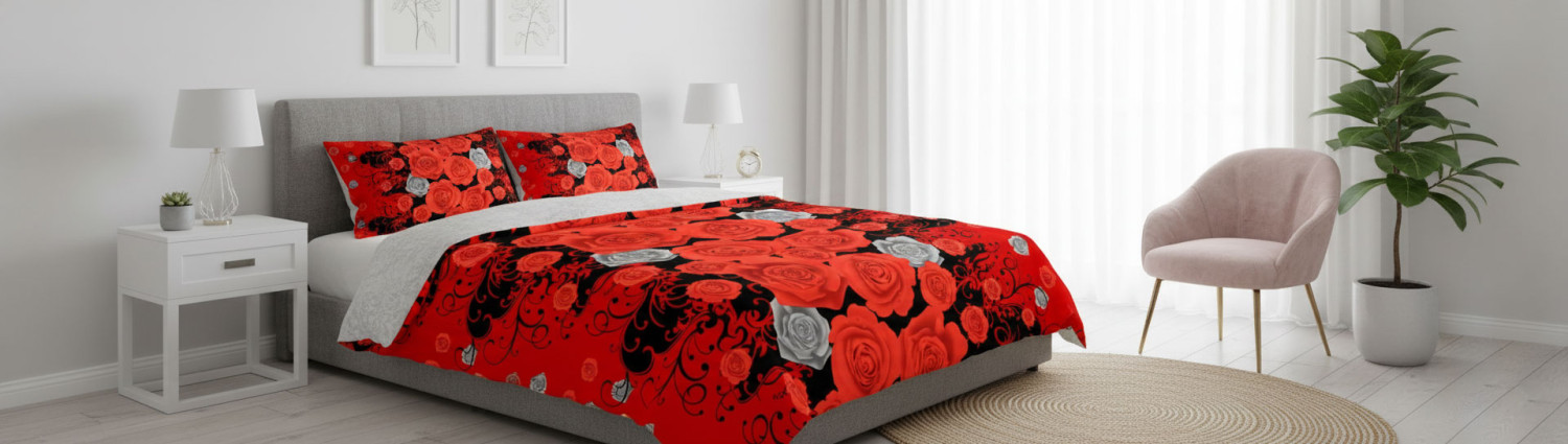 Bettgarnitur Duvet Satin Blau mit große rote Rose