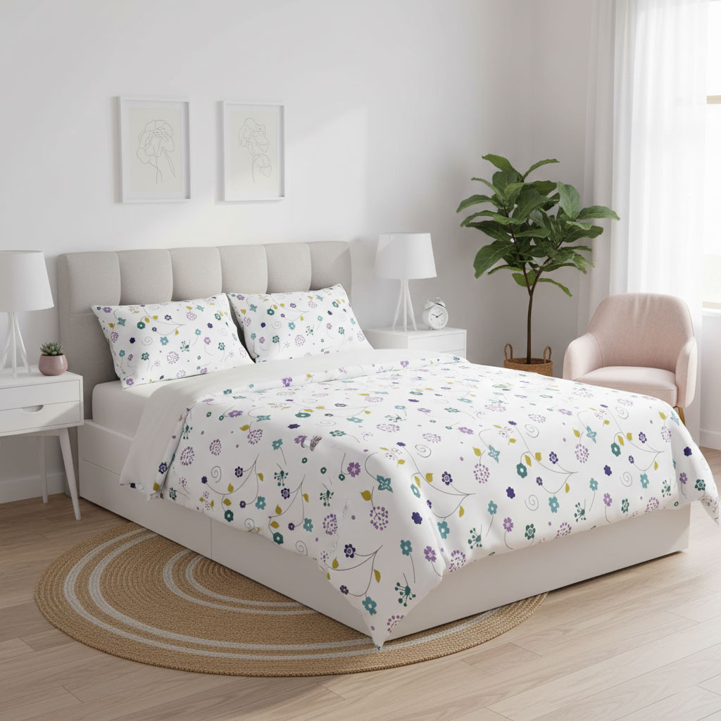 Bettgarnitur Duvet Satin Blau mit kleine bunte Blume