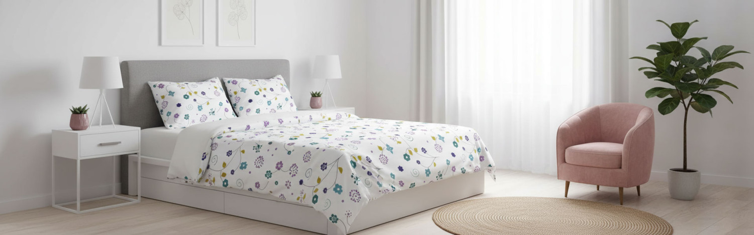 Bettgarnitur Duvet Satin Blau mit kleine bunte Blume