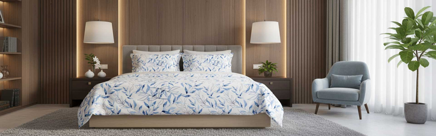 Bettgarnitur Duvet Satin Blau mit blau Blatter